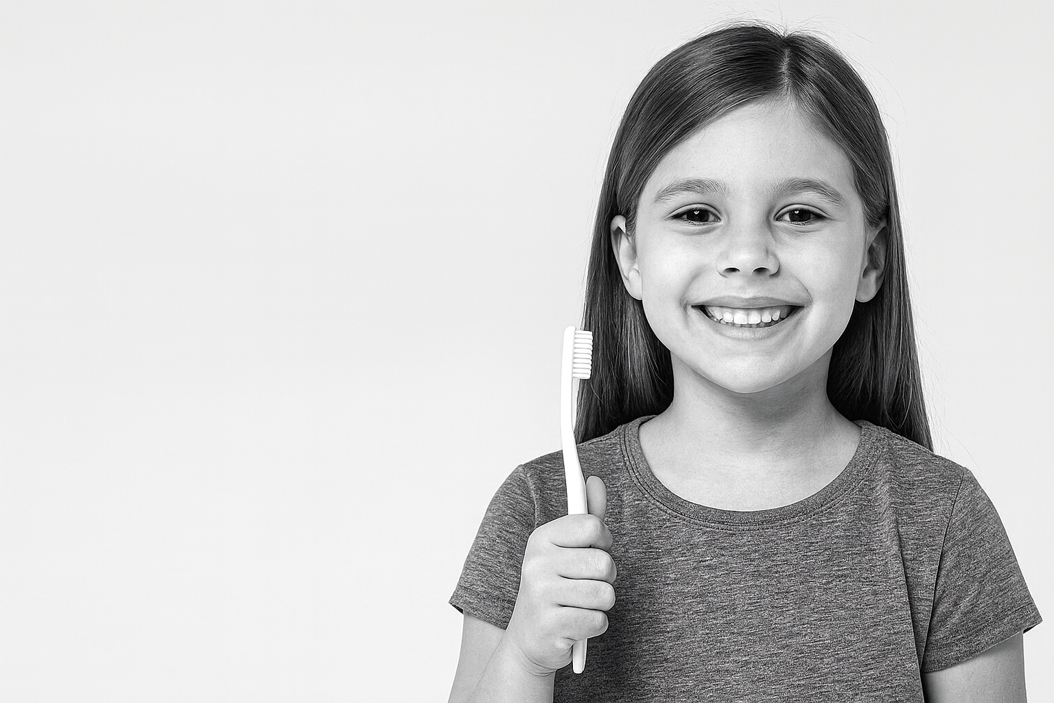 Dentista infantil en España - Joven sonriente con el pelo liso sostiene un cepillo de dientes en posición vertical en la mano, vestida con una camisa de manga corta. La imagen es en blanco y negro con fondo liso, perfecta para promocionar servicios de dentista para niños u odontopediatría. | Clínica dental pediátrica Dentistainfantilcercademi