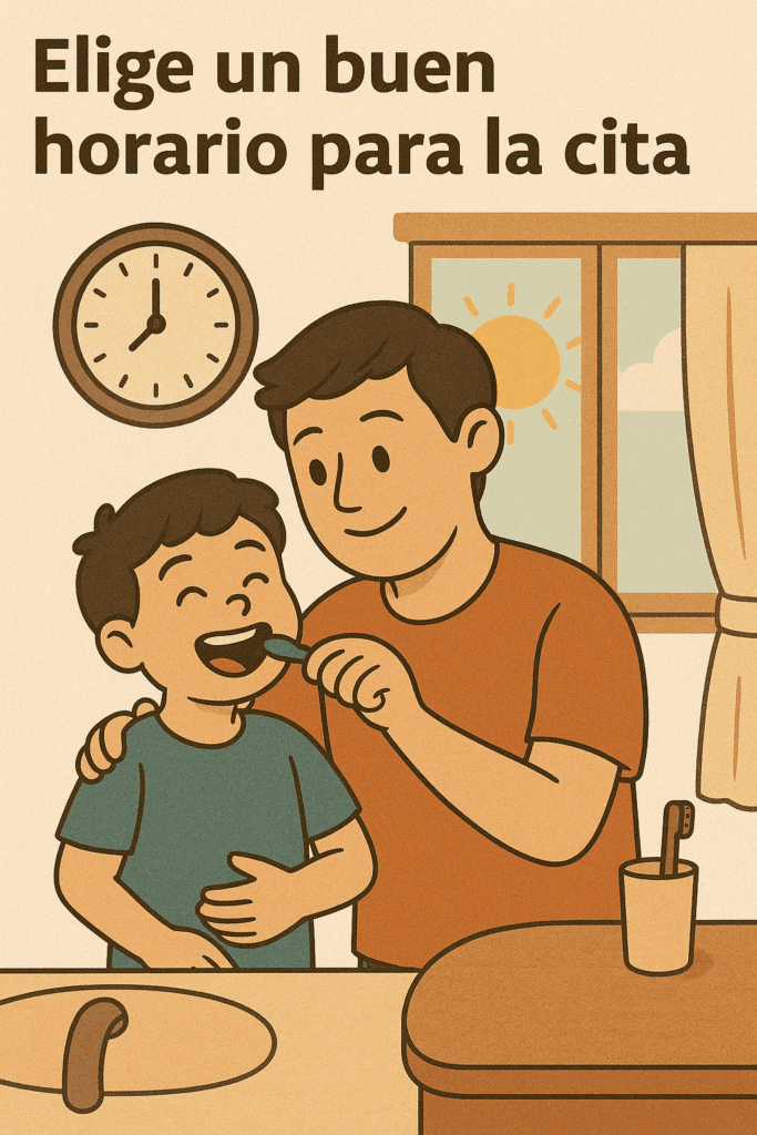 Dentista infantil en España - Un adulto sonriente ayuda a un niño a lavarse los dientes en un cuarto de baño. De fondo, un reloj y una ventana soleada. El texto en español dice: Elige un buen horario para la cita. | Clínica dental pediátrica Dentistainfantilcercademi