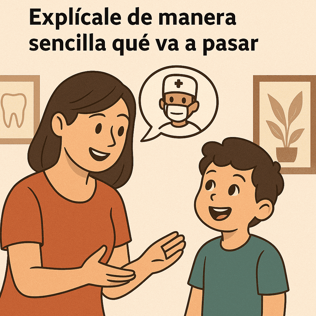 Dentista infantil en España - Una mujer sonríe y gesticula mientras explica algo a un niño. Un globo de diálogo muestra a un dentista con mascarilla. El texto dice en español: Explícale de manera sencilla qué va a pasar. | Clínica dental pediátrica Dentistainfantilcercademi