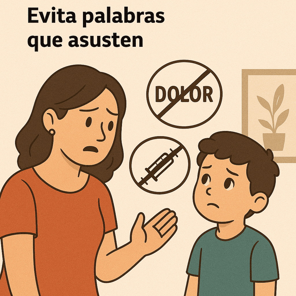 Dentista infantil en España - Una mujer gesticula mientras habla con un niño preocupado. Sobre ellos hay símbolos: una palabra tachada DOLOR y una jeringuilla tachada, con el texto Evita palabras que asusten. | Clínica dental pediátrica Dentistainfantilcercademi