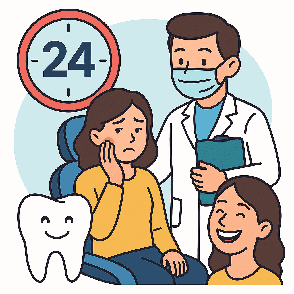 Dentista infantil en España - Una mujer preocupada se agarra la mejilla por el dolor mientras está sentada en un sillón dental. Cerca hay un dentista con un portapapeles y otra mujer sonríe. Un gran reloj indica "24" y un diente de dibujos animados aparece en primer plano. | Clínica dental pediátrica Dentistainfantilcercademi