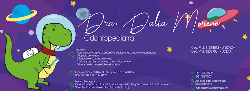 Dentista infantil en España - Pancarta morada de la Dra. Dalia Moreno, odontopediatra. Presenta un dinosaurio de dibujos animados con un traje espacial y enumera los servicios, la información de contacto y el horario de la clínica, con planetas y estrellas decorando el fondo. | Clínica dental pediátrica Dentistainfantilcercademi