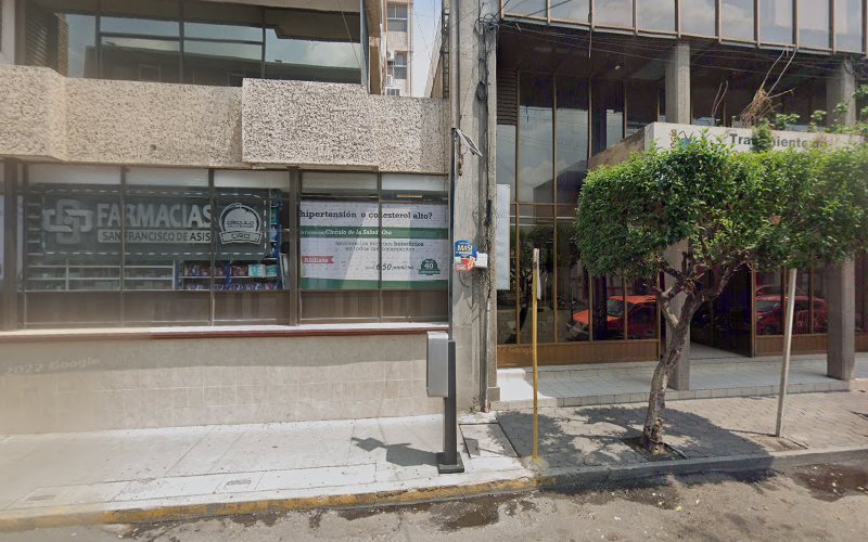 Dentista infantil en España - Vista de la calle de una farmacia llamada Farmacias San Francisco de Asís a la izquierda y un edificio con fachada de cristal y árboles -ideal si estás buscando un odontopediatra en Irapuato- a la derecha, con una acera y un poste de servicios públicos delante. | Clínica dental pediátrica Dentistainfantilcercademi